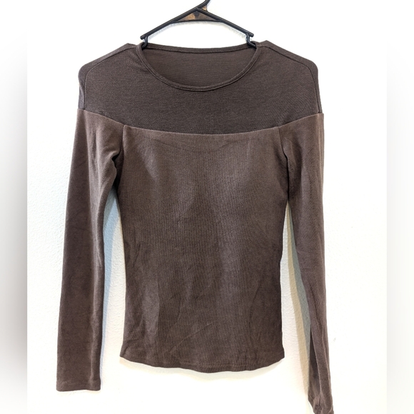 OGL Wool Sheer Shoulder Brami Long Sleeve Brown Shirt XS Built In Bra - Picture 1 of 6